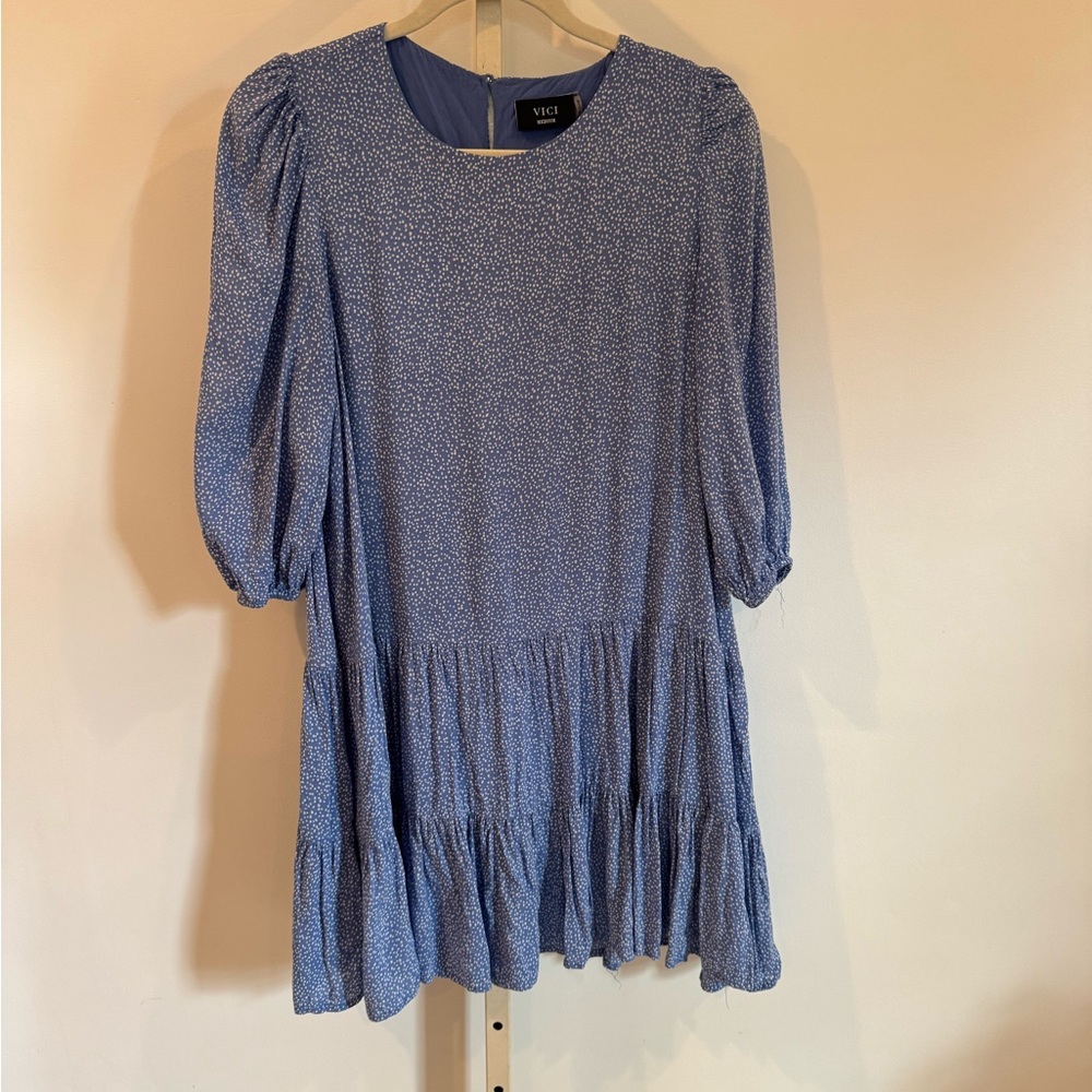 Vici Blue & White Polka Dot Ruffled Dress